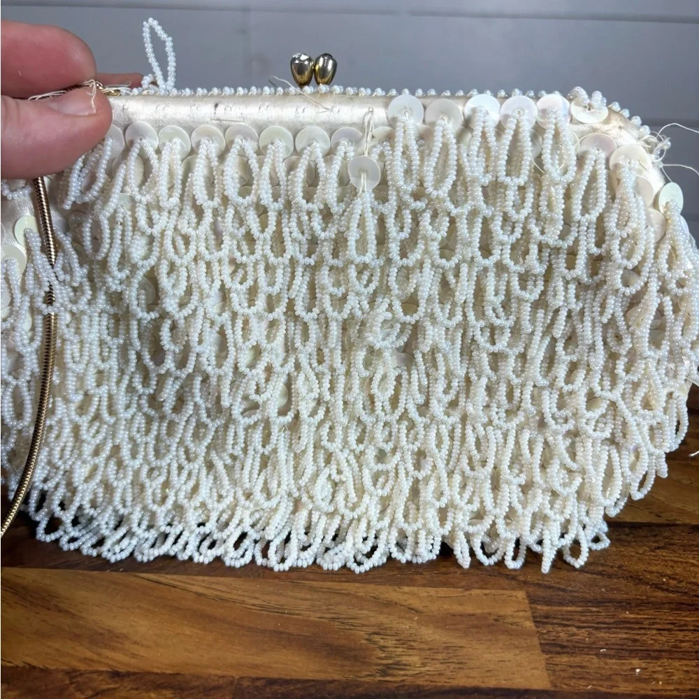 Vintage Ohrbach’s Beaded Evening Clutch Hong Kong White Looped Beads